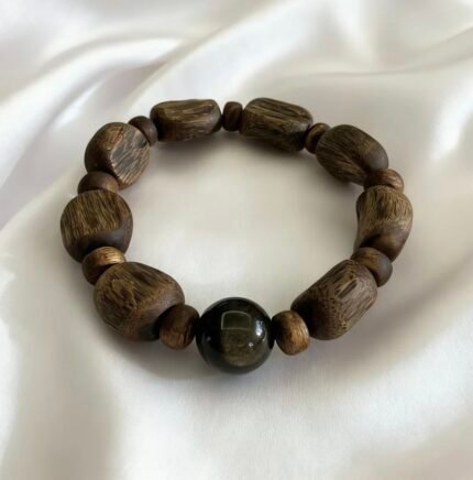 Kynam Agarwood Long Square Beads with Obsidian