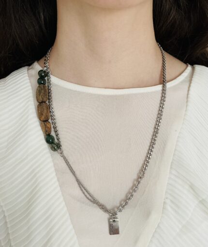 Steel Chain with Square Kynam Oud Beads and Green Crystals on Side