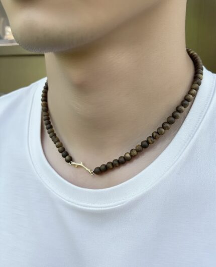 Kynam Oud Round Beads Necklace with Gold Plated Branch