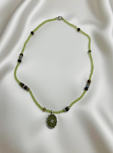 Olive Crystal Necklace With Agarwood Beads