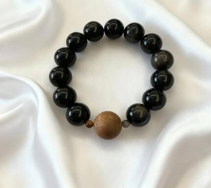 Collection-Grade 1.4cm Obsidian Beads Bracelet with 1.6cm Kynam Agarwood Bead