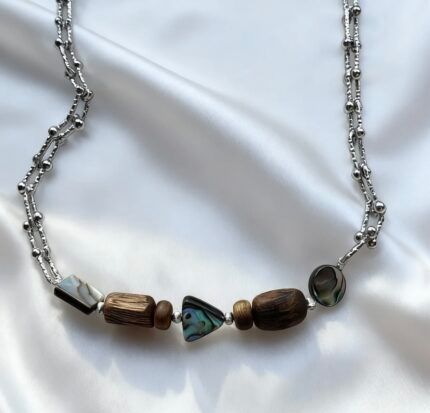U-Shaped Steel Necklace with Various Kynam Agarwood and Abalone Beads