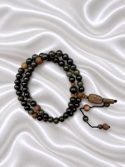 Golden Obsidian Mala with Kynam Agarwood Beads & Guru Bead, Cultural Handheld Misbaha Beads