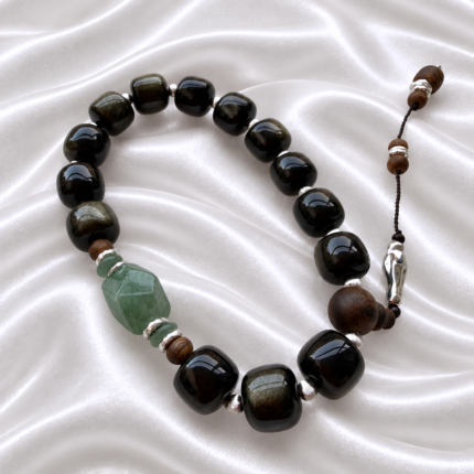 12mm Golden Obsidian Barrel‑Shaped Mala with Free‑Form Green Fluorite & Kynam Agarwood, Cultural Handheld Misbaha Beads