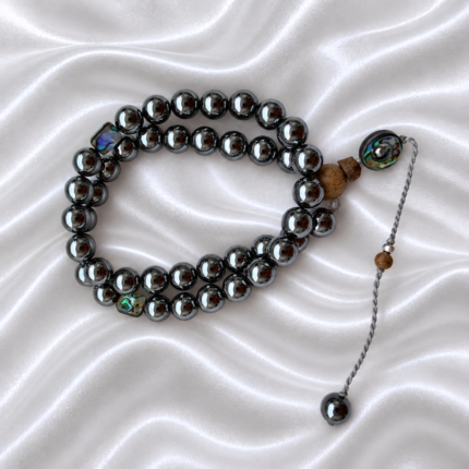 Titanium Hematite Mala with Abalone Shell Accent & Kynam Agarwood Guru Bead, Cultural Handheld Misbaha Beads