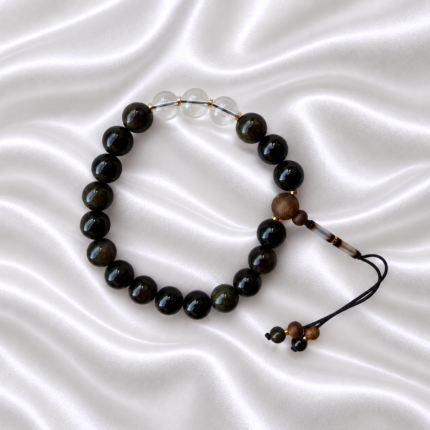 Round Bead Golden Obsidian Mala with 3Pcs Clear Quartz Accent & Kynam Agarwood Guru Bead, Cultural Handheld Misbaha Beads