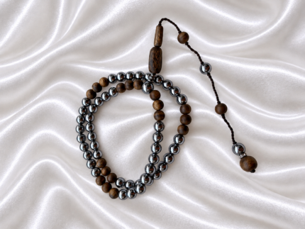Titanium Hematite Energy Stone Mala with Kynam Agarwood Beads & Guru Bead, Cultural Handheld Misbaha Beads