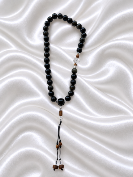 Black Obsidian Mala with Clear Crystal Accent & Kynam Agarwood Guru Bead, Cultural Handheld Misbaha Beads